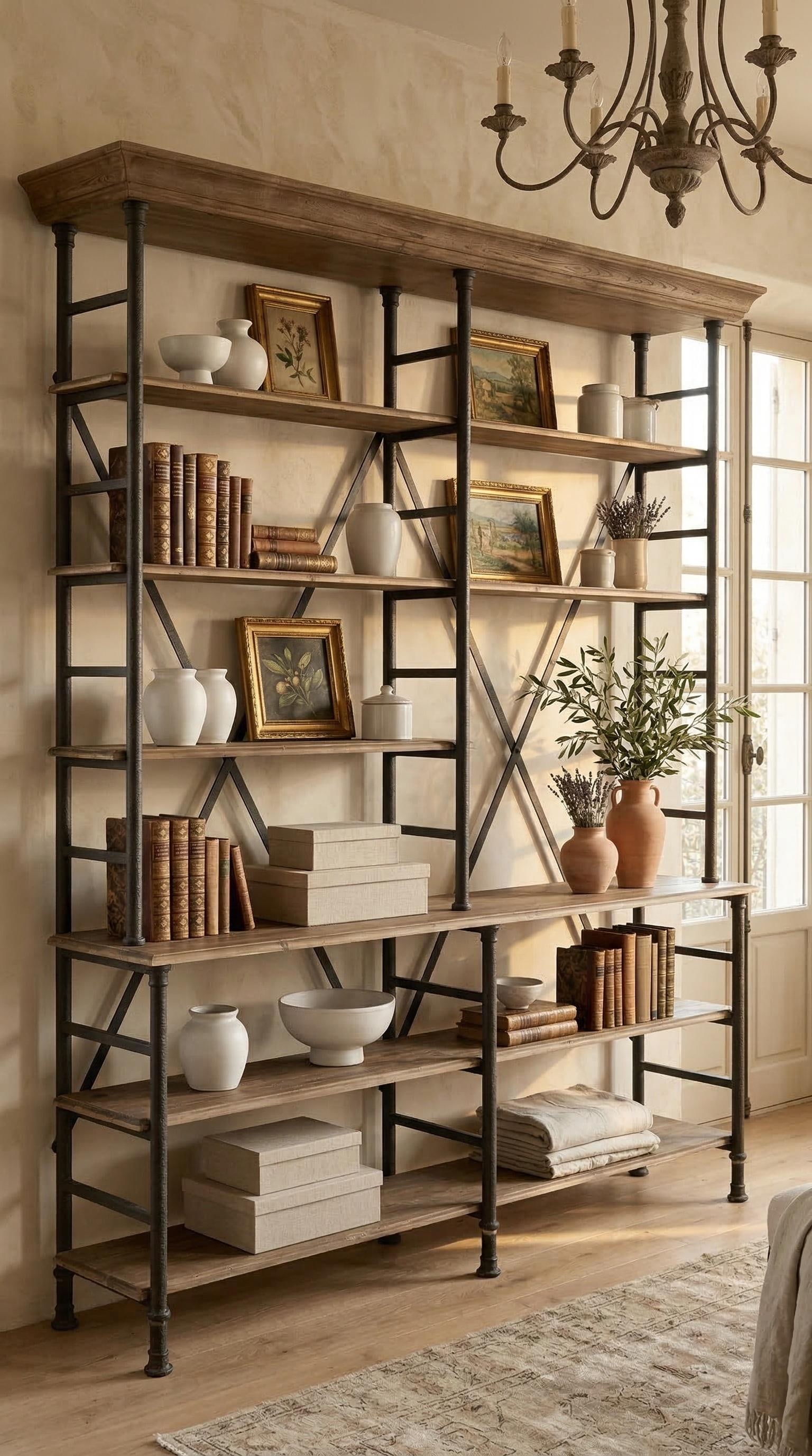 Large Industrial Iron & Solid Wood Étagère Bookcase – 92" Tall Restoration Style - 5