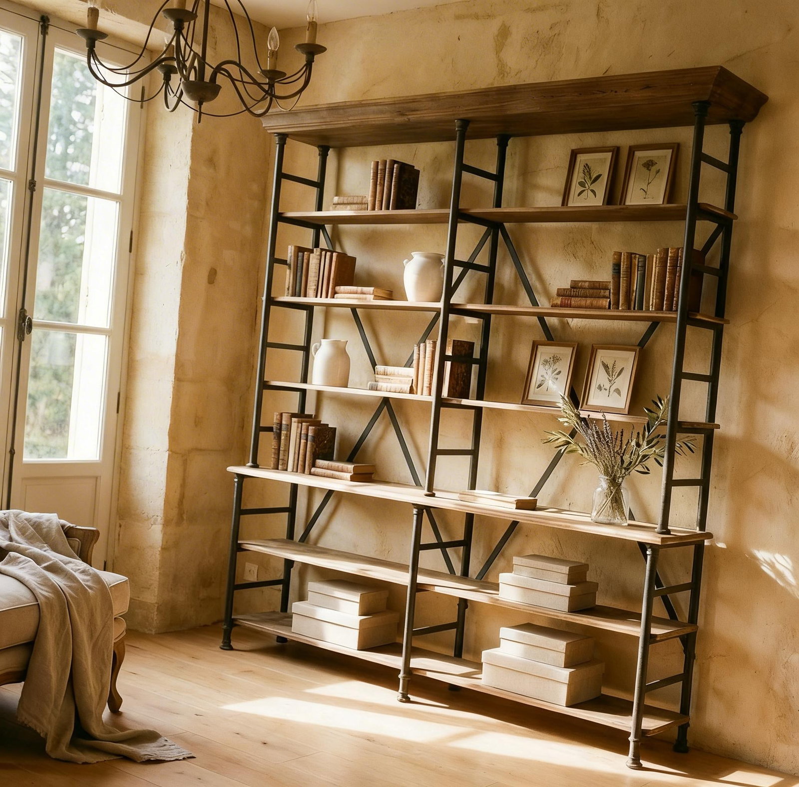 Large Industrial Iron & Solid Wood Étagère Bookcase – 92" Tall Restoration Style - 8