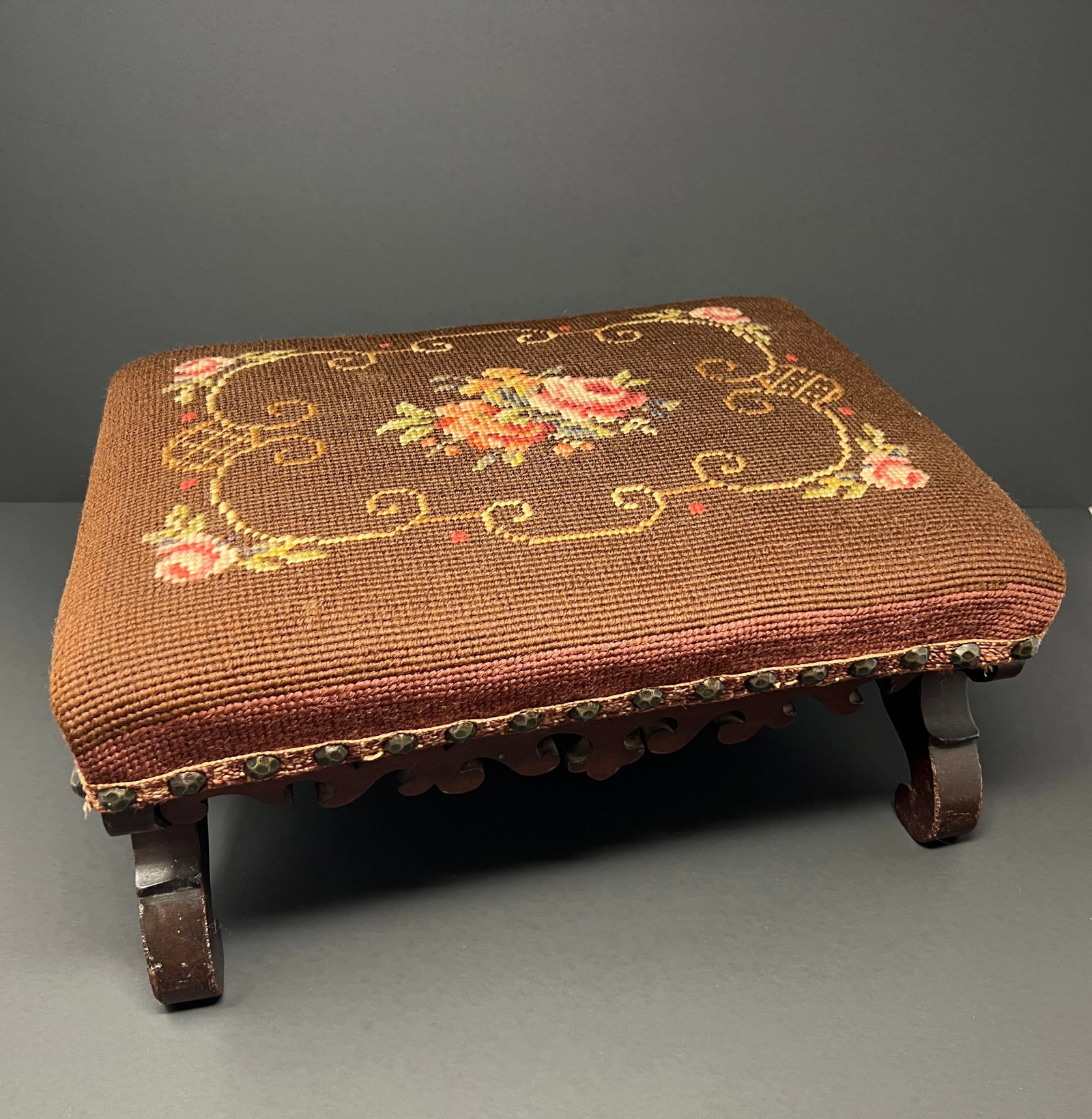 Antique Victorian Carved Walnut Needlepoint Footstool With Floral Embroidery - 2