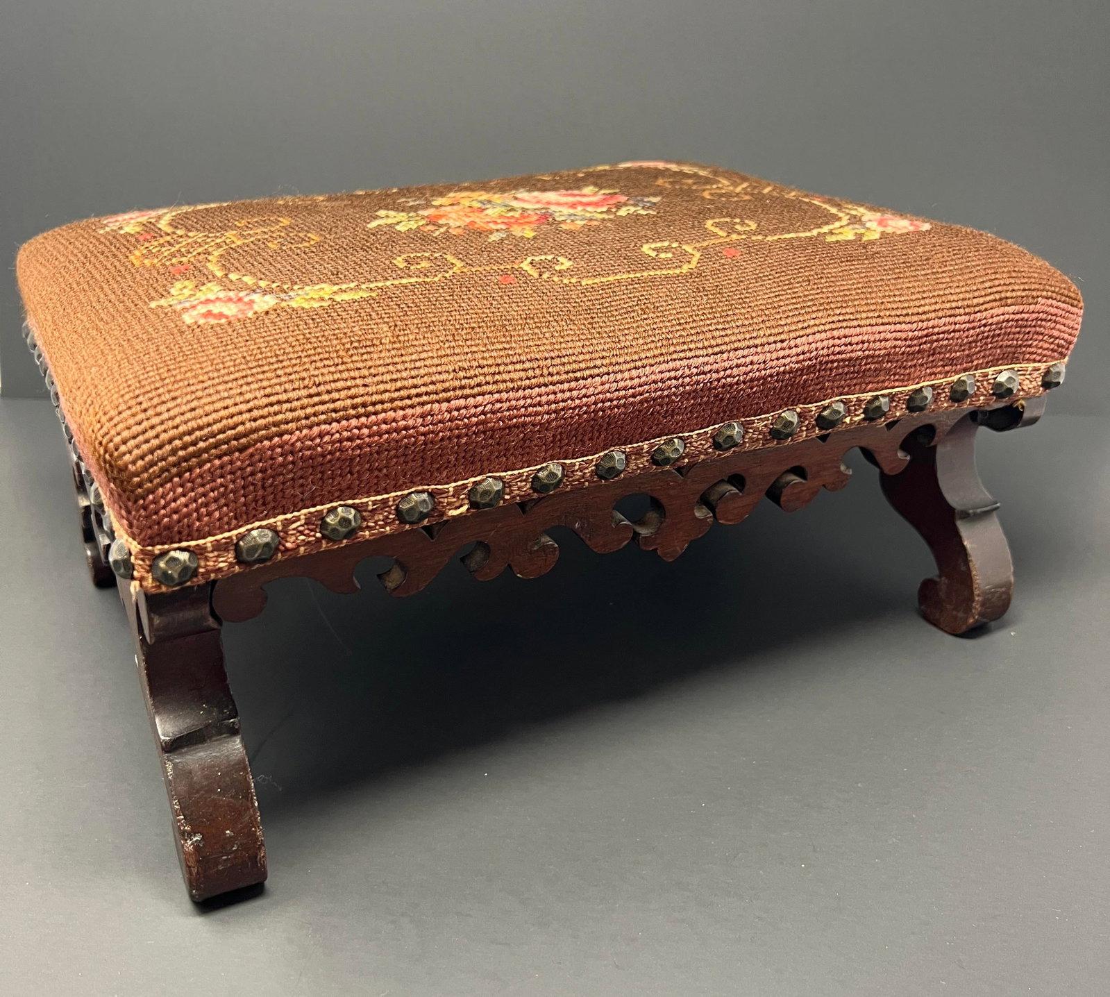 Antique Victorian Carved Walnut Needlepoint Footstool With Floral Embroidery - 3