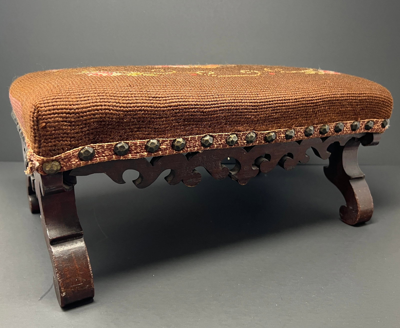 Antique Victorian Carved Walnut Needlepoint Footstool With Floral Embroidery - 4