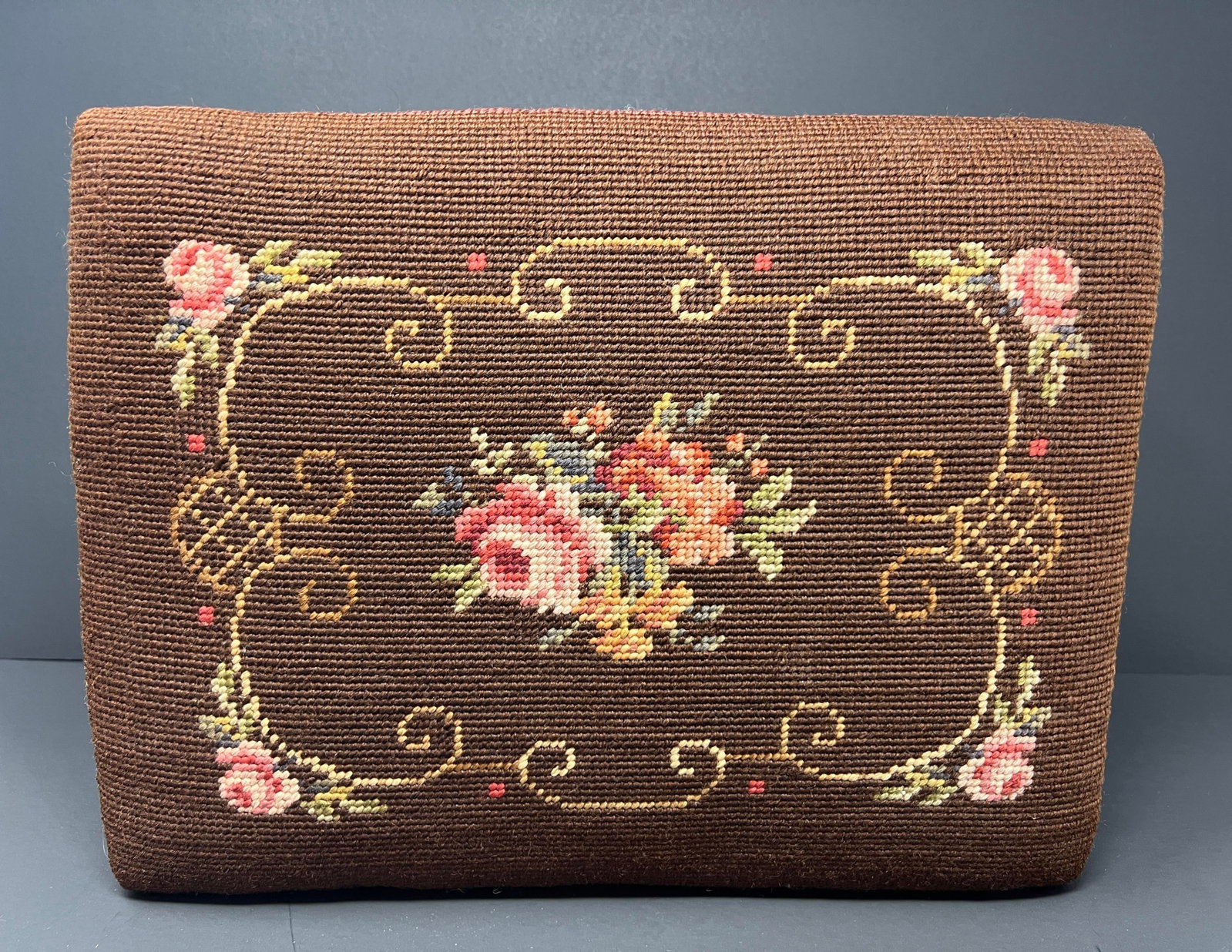 Antique Victorian Carved Walnut Needlepoint Footstool With Floral Embroidery - 5