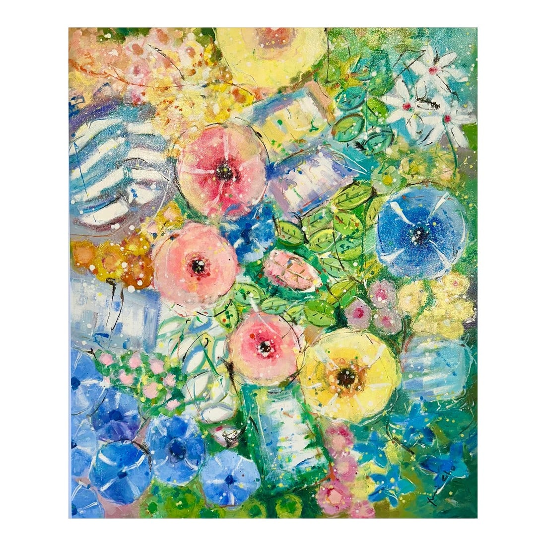 Modern Abstract Floral Painting on Canvas, by Youn Cho: Original oil on stretched canvas, measuring 20" x 24". Signed by artist Youn Cho, circa 2024. Cho combines elements of impressionism and abstract art, with visible, loose brushwork and dabs of