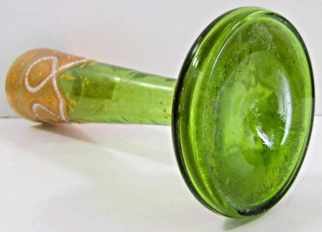 Antique Bohemian Moser-Style Green Glass Stick Vase Gold Gilding and Enamel - 10