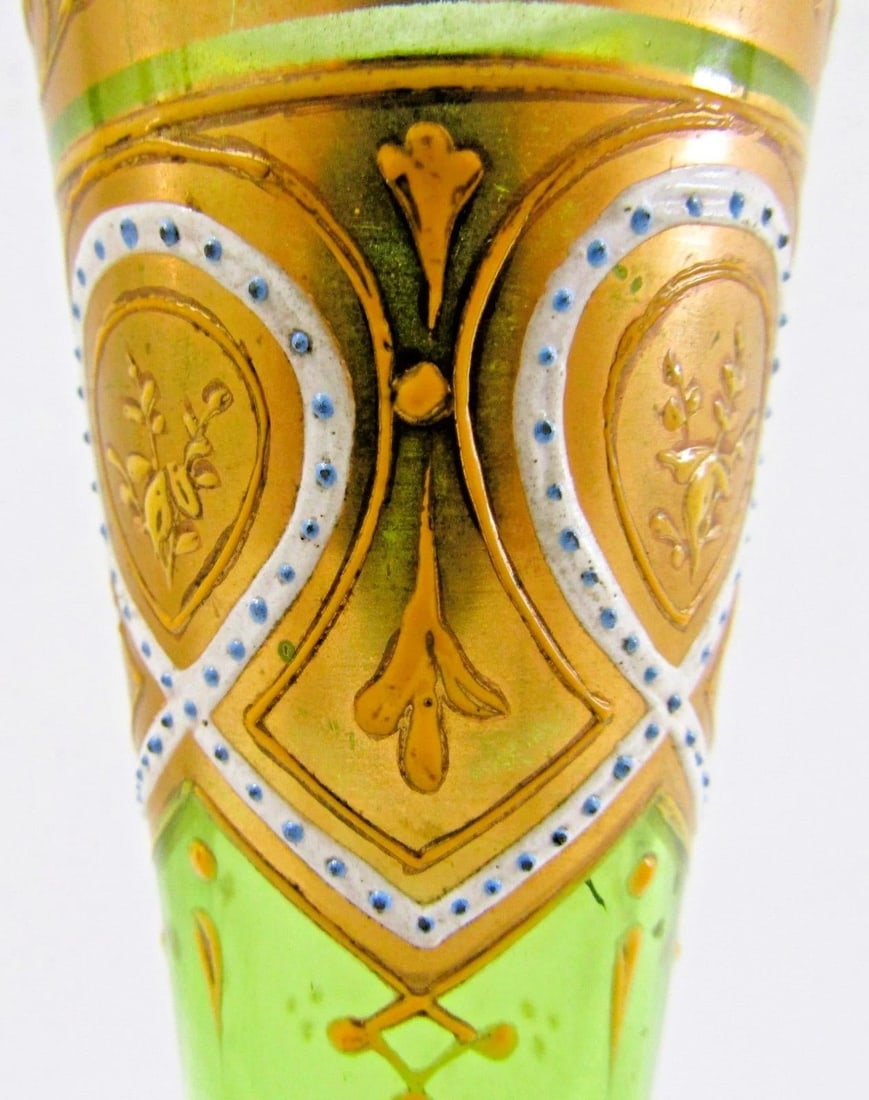 Antique Bohemian Moser-Style Green Glass Stick Vase Gold Gilding and Enamel - 11
