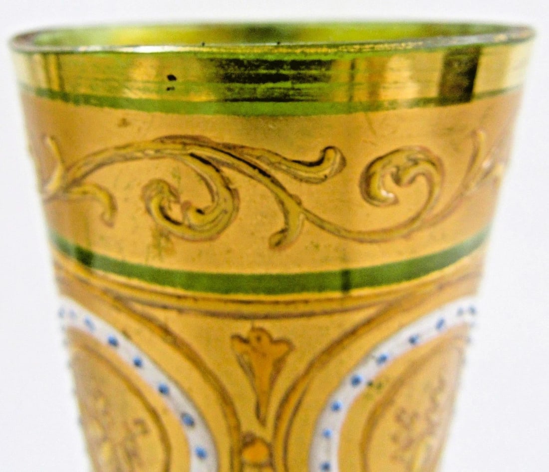 Antique Bohemian Moser-Style Green Glass Stick Vase Gold Gilding and Enamel - 12