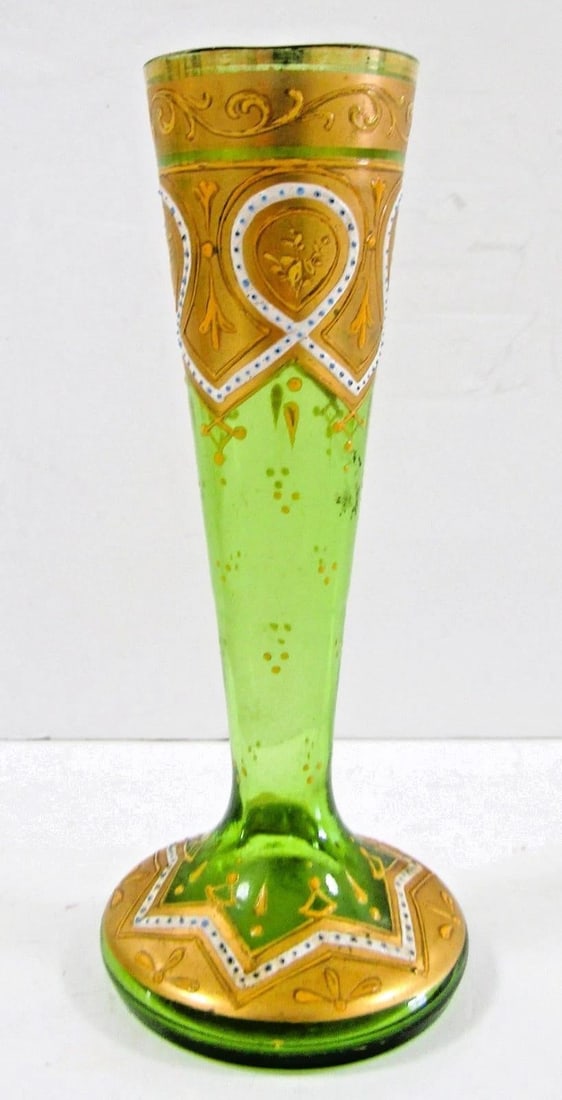 Antique Bohemian Moser-Style Green Glass Stick Vase Gold Gilding and Enamel - 2