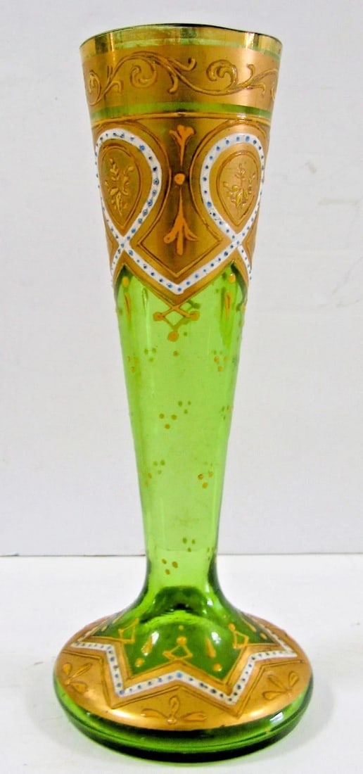 Antique Bohemian Moser-Style Green Glass Stick Vase Gold Gilding and Enamel - 3