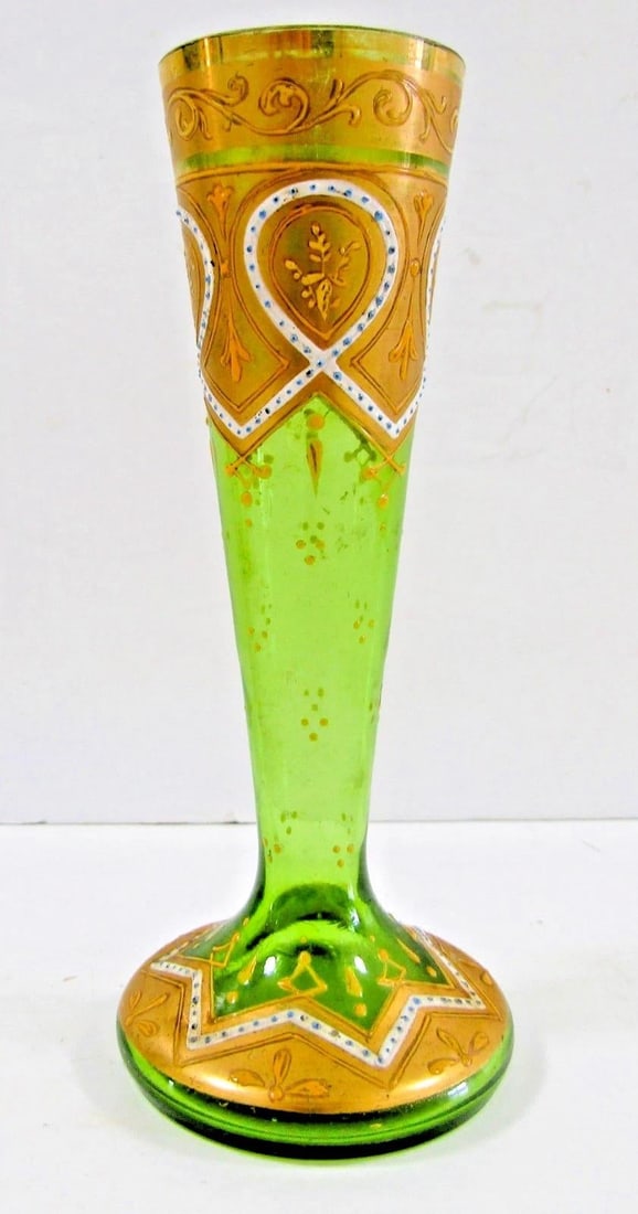 Antique Bohemian Moser-Style Green Glass Stick Vase Gold Gilding and Enamel - 4