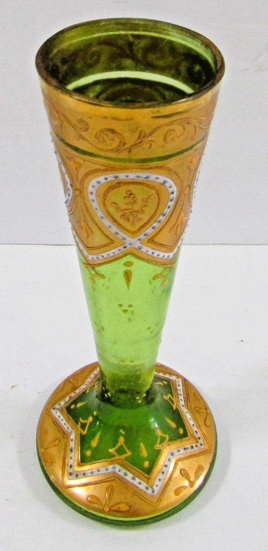 Antique Bohemian Moser-Style Green Glass Stick Vase Gold Gilding and Enamel - 5
