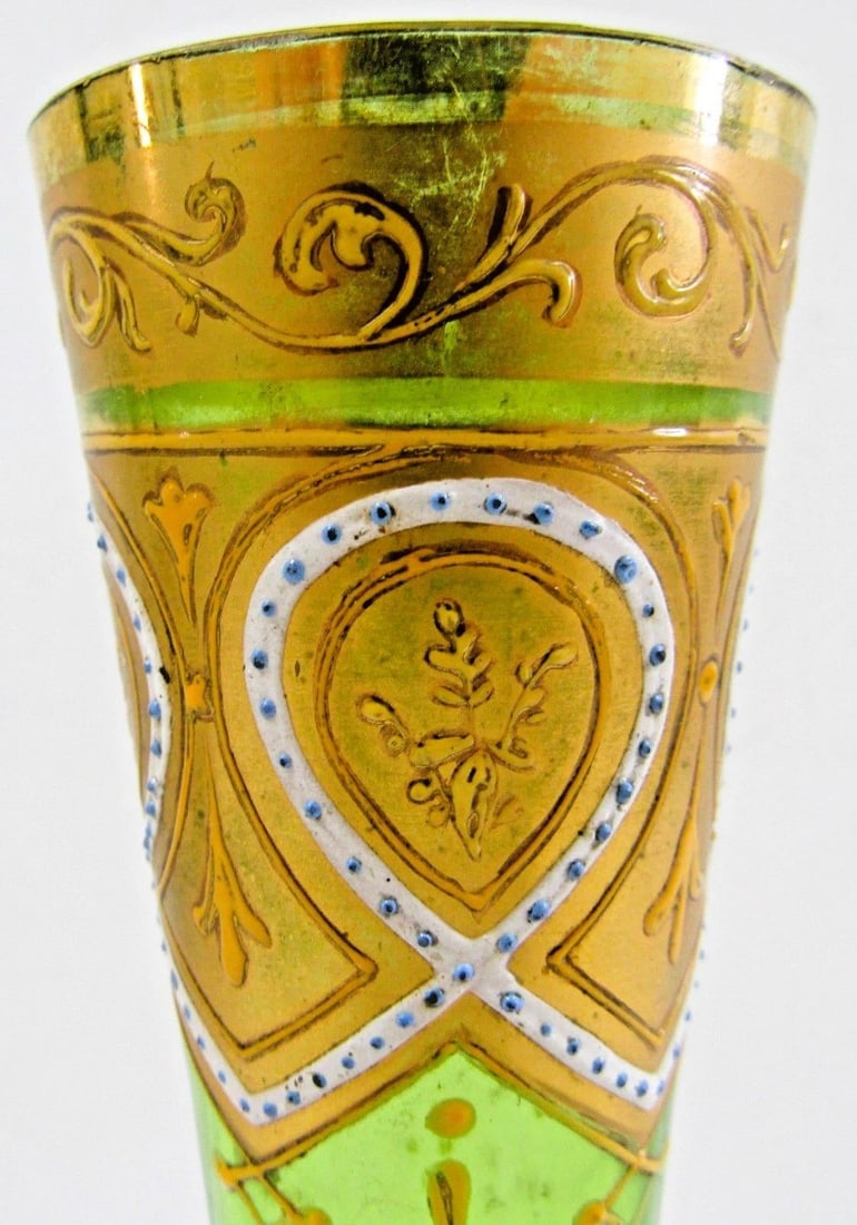 Antique Bohemian Moser-Style Green Glass Stick Vase Gold Gilding and Enamel - 6