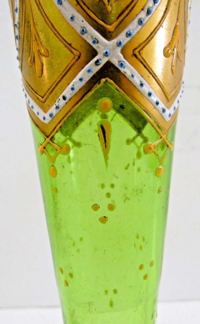 Antique Bohemian Moser-Style Green Glass Stick Vase Gold Gilding and Enamel - 7