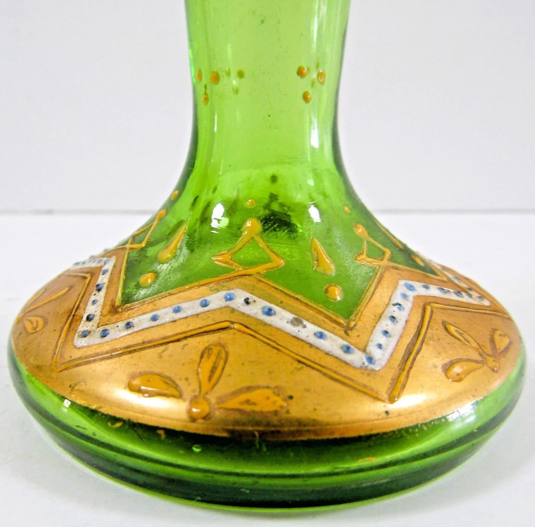 Antique Bohemian Moser-Style Green Glass Stick Vase Gold Gilding and Enamel - 8