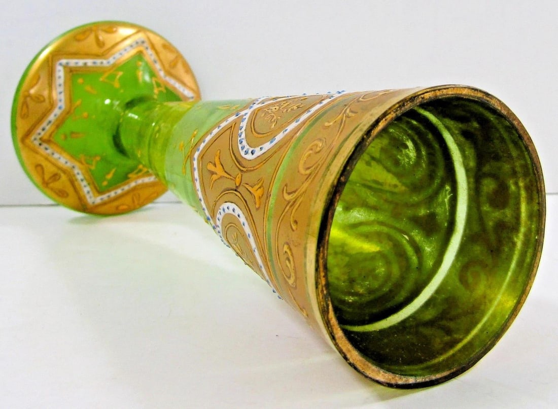 Antique Bohemian Moser-Style Green Glass Stick Vase Gold Gilding and Enamel - 9