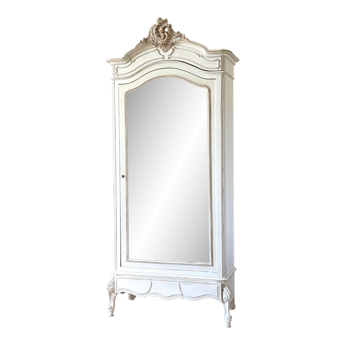 19th Century French Hand-Carved Mirrored Armoire – Single Door, Ornate Crest, Distressed White: An exquisite 19th century French armoire showcasing masterful craftsmanship and timeless elegance. This stately piece features a beautifully hand-carved crest and ornate detailing, highlighted by