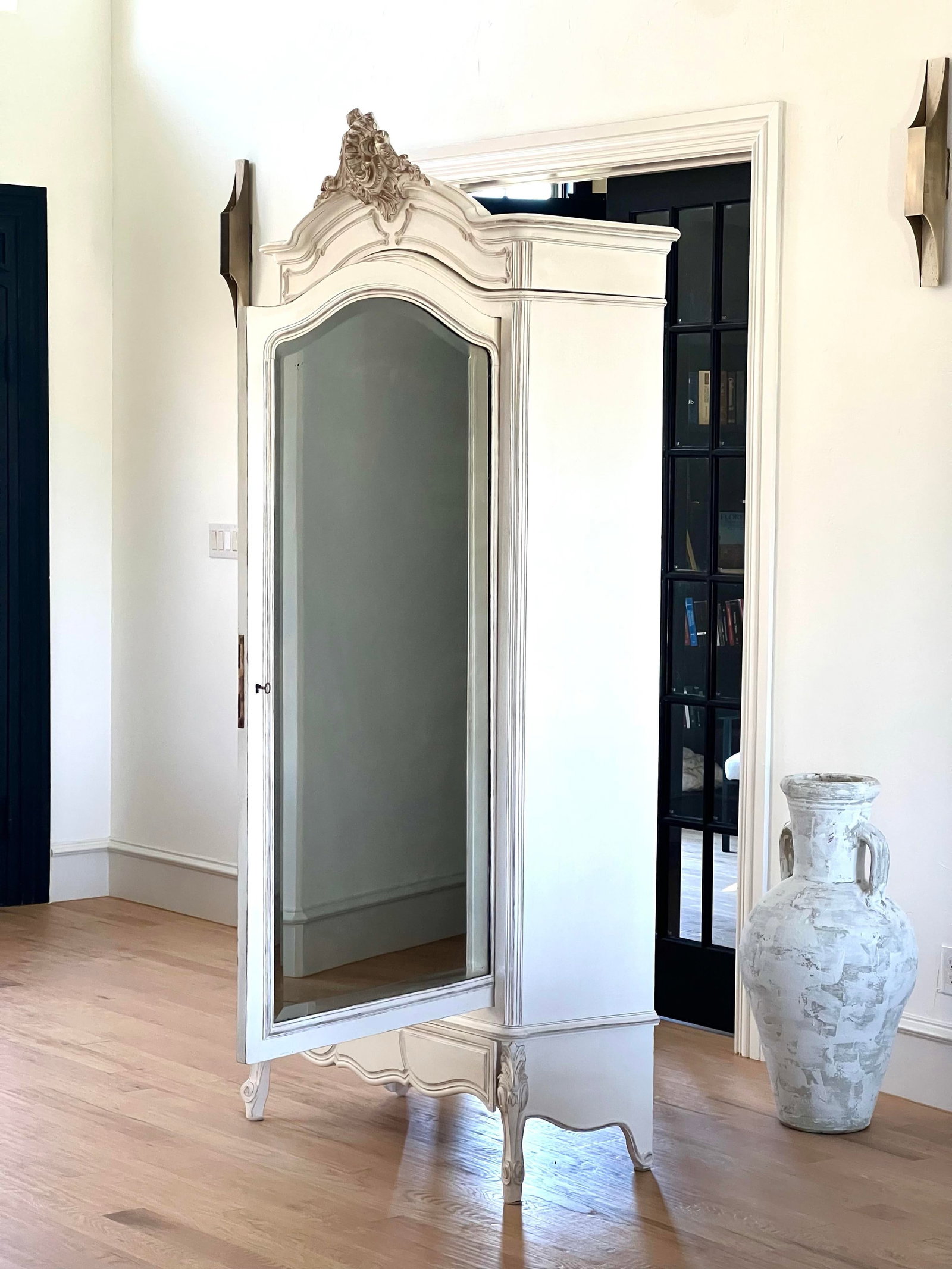 19th Century French Hand-Carved Mirrored Armoire – Single Door, Ornate Crest, Distressed White - 8