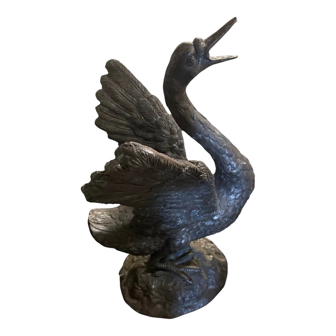 Vintage Bronze Swan Garden Fountain: Capturing both artistic movement and functional elegance, this life-size vintage cast bronze swan fountain serves as a quintessential focal point for a sophisticated garden, pool, or patio. Hand-cast 