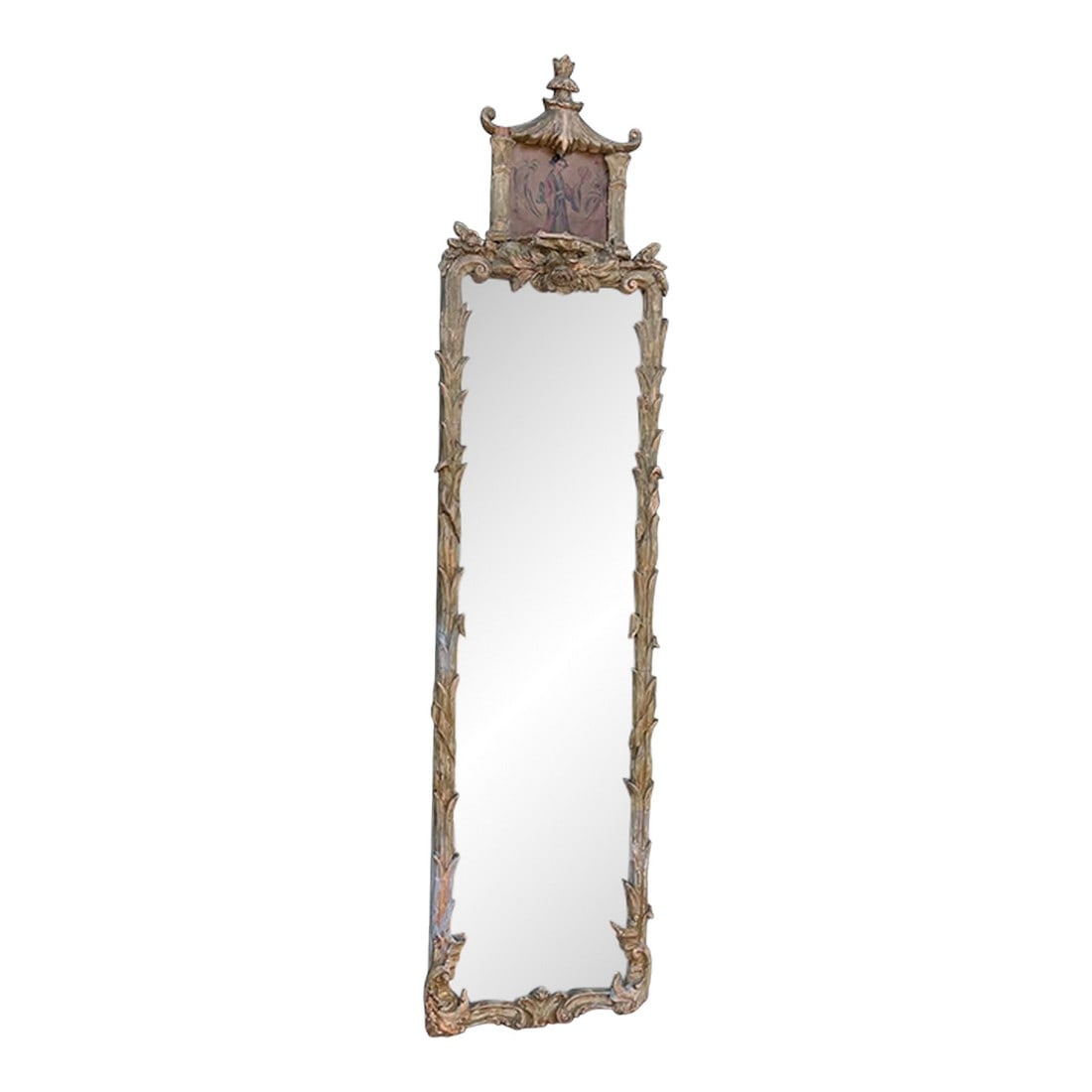 Chinoiserie Gilt MCM Hollywood Regency Mirror 1950s: Unusual painted and gilt Chinoiserie mirror dating from the 1950s Great Hollywood regency look Condition: Alterations: Restored Imperfections: Some Imperfections Condition Notes: good Dimensions: