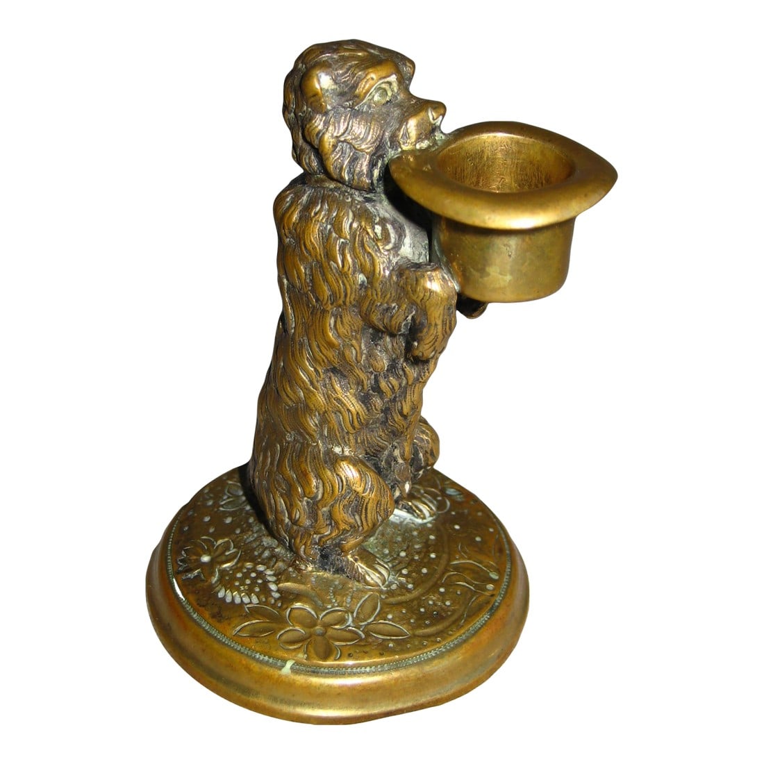 French Dog Thimble Holder 19 Century: This lovely Thimble holder is air bronze and represent a dog holding a hate in is mouth were the thimble would be place , charming object of the past , witnesses of certain elegant way of living