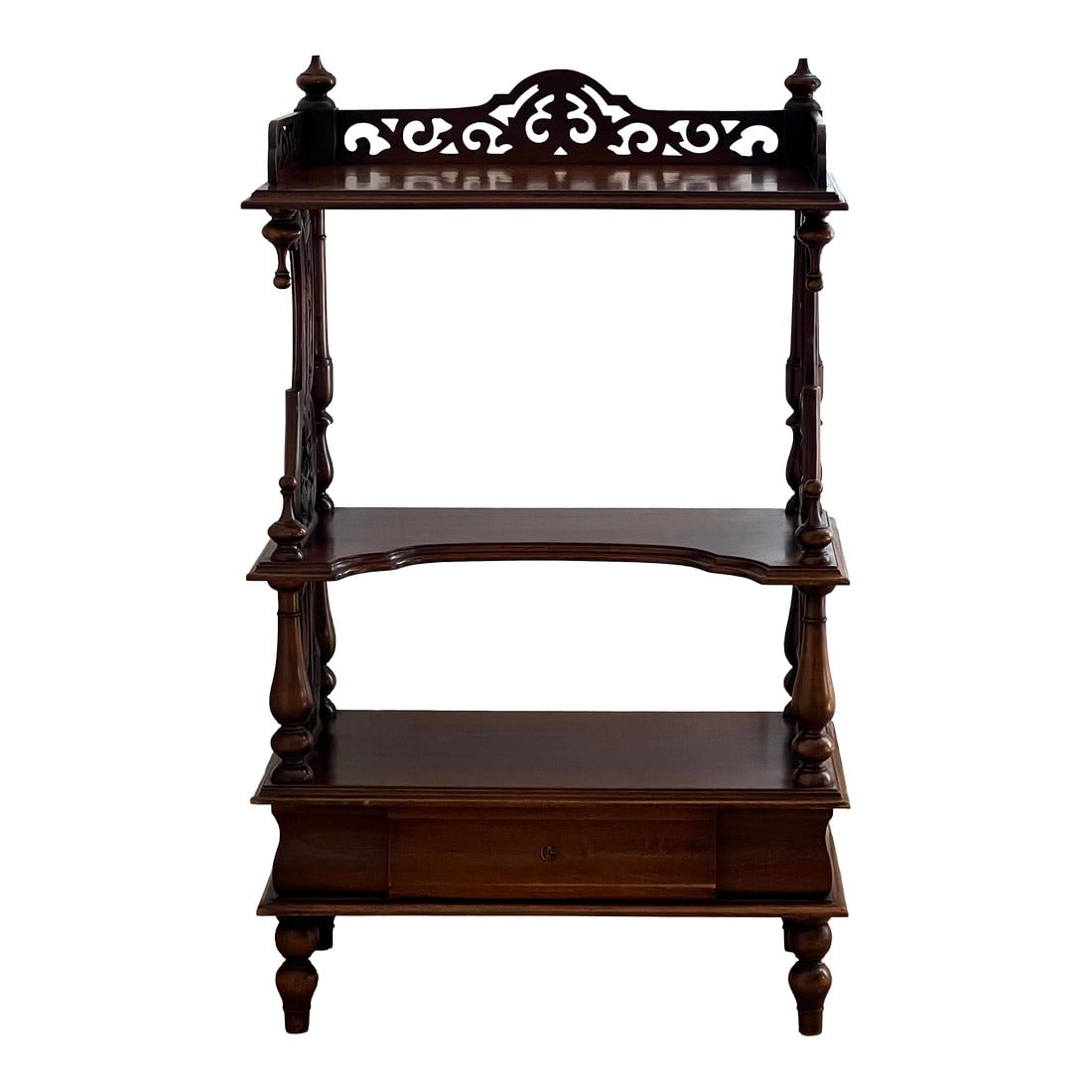 Exquisite Antique Victorian Carved Walnut Étagère Display Stand With Ornate Gallery &: An elegant late Victorian English étagère, circa 1880, crafted in richly toned wood and designed for refined display. This three-tier "whatnot" features delicately turned supports and a