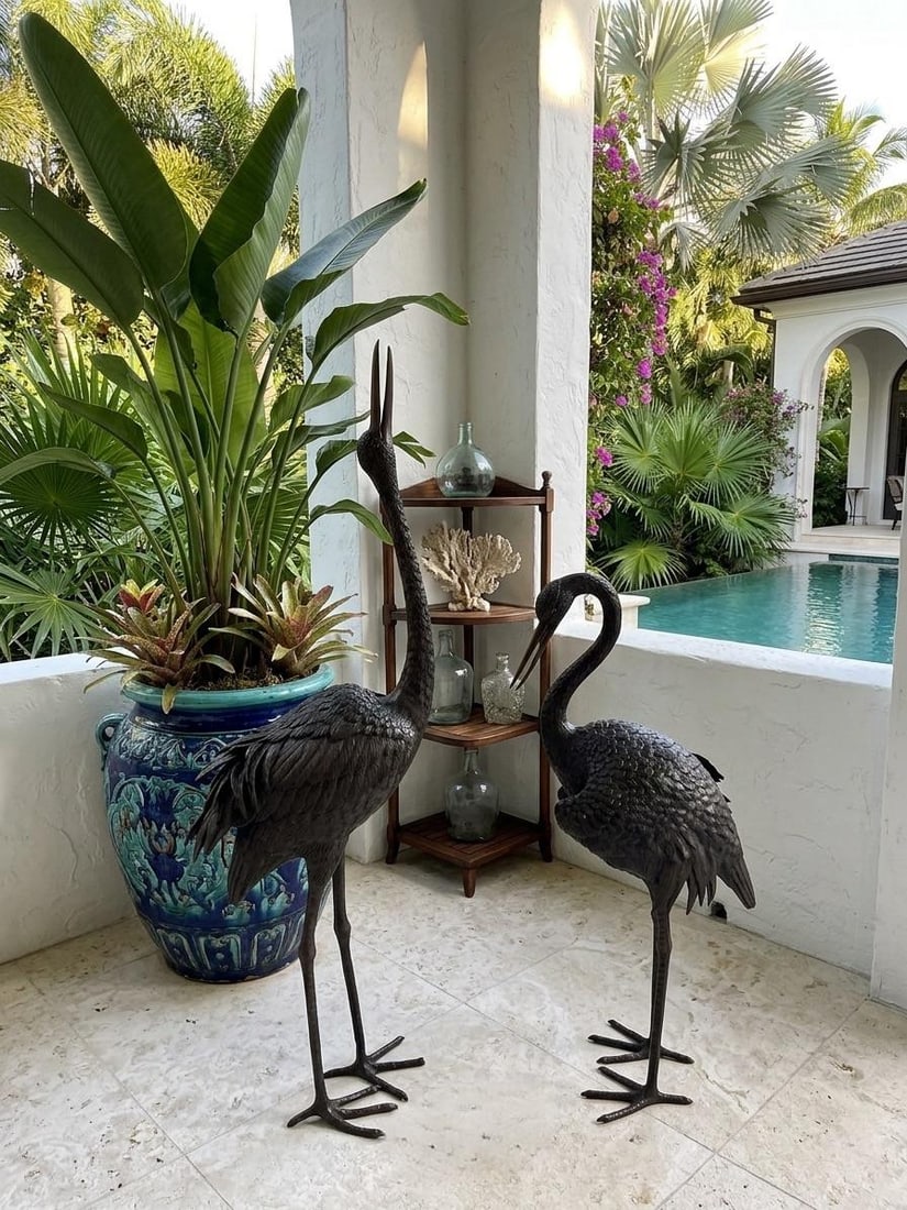 Pair of Vintage Hollywood Regency Bronze Garden Cranes - 10