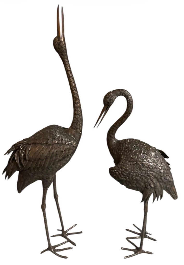 Pair of Vintage Hollywood Regency Bronze Garden Cranes - 2