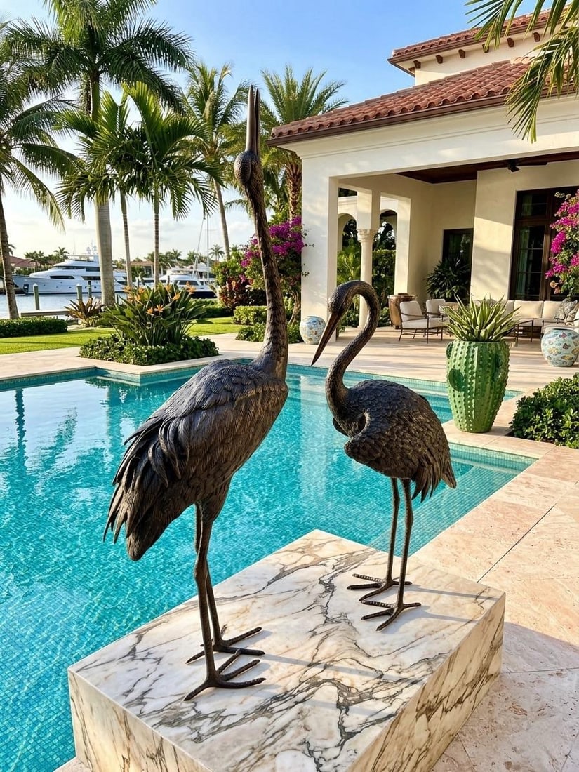 Pair of Vintage Hollywood Regency Bronze Garden Cranes - 8