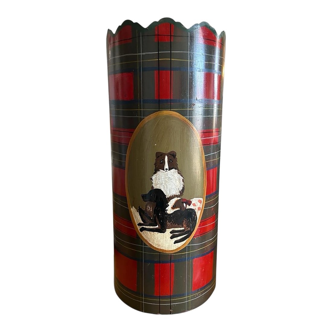 Vintage Tole Red Plaid Umbrella Stand: If you want that Ralph Lauren vibe, this guy is for you. It's a tole umbrella stand with a scalloped edge in a painted red plaid, which already makes it adorable but wait, there's more. There is the