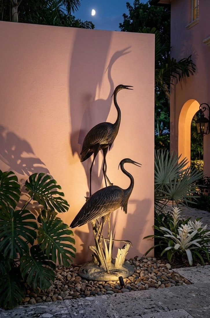 Monumental 75" Verdigris Bronze Heron and Crane Garden Sculpture - 11