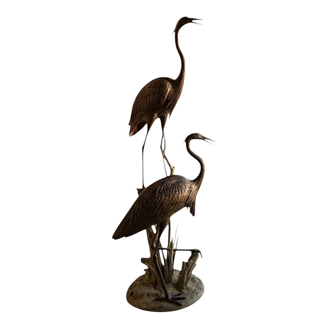 Monumental 75" Verdigris Bronze Heron and Crane Garden Sculpture: Make a grand statement with this monumental 75-inch tall bronze sculpture depicting a pair of graceful herons (or cranes) amongst marsh reeds. Cast in heavy, high-quality bronze with a multi-tonal