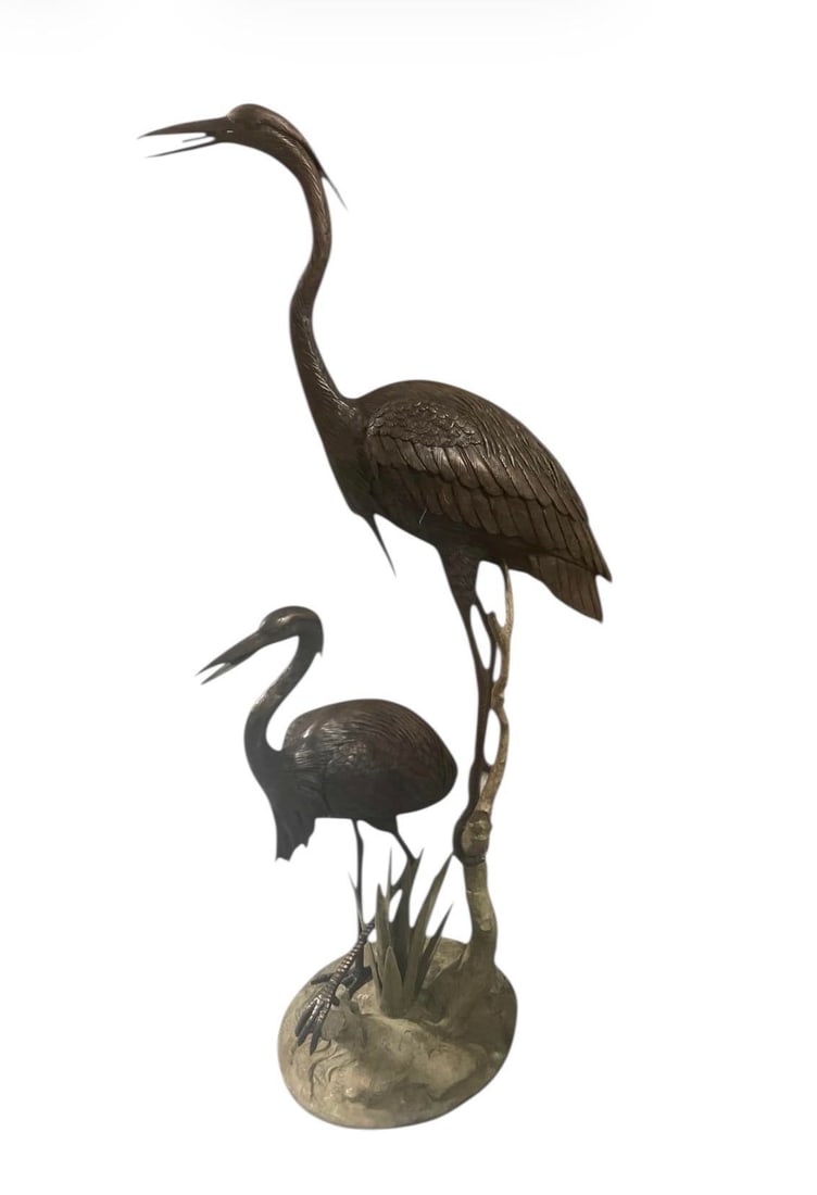 Monumental 75" Verdigris Bronze Heron and Crane Garden Sculpture - 4