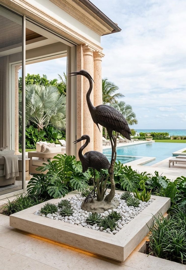 Monumental 75" Verdigris Bronze Heron and Crane Garden Sculpture - 8