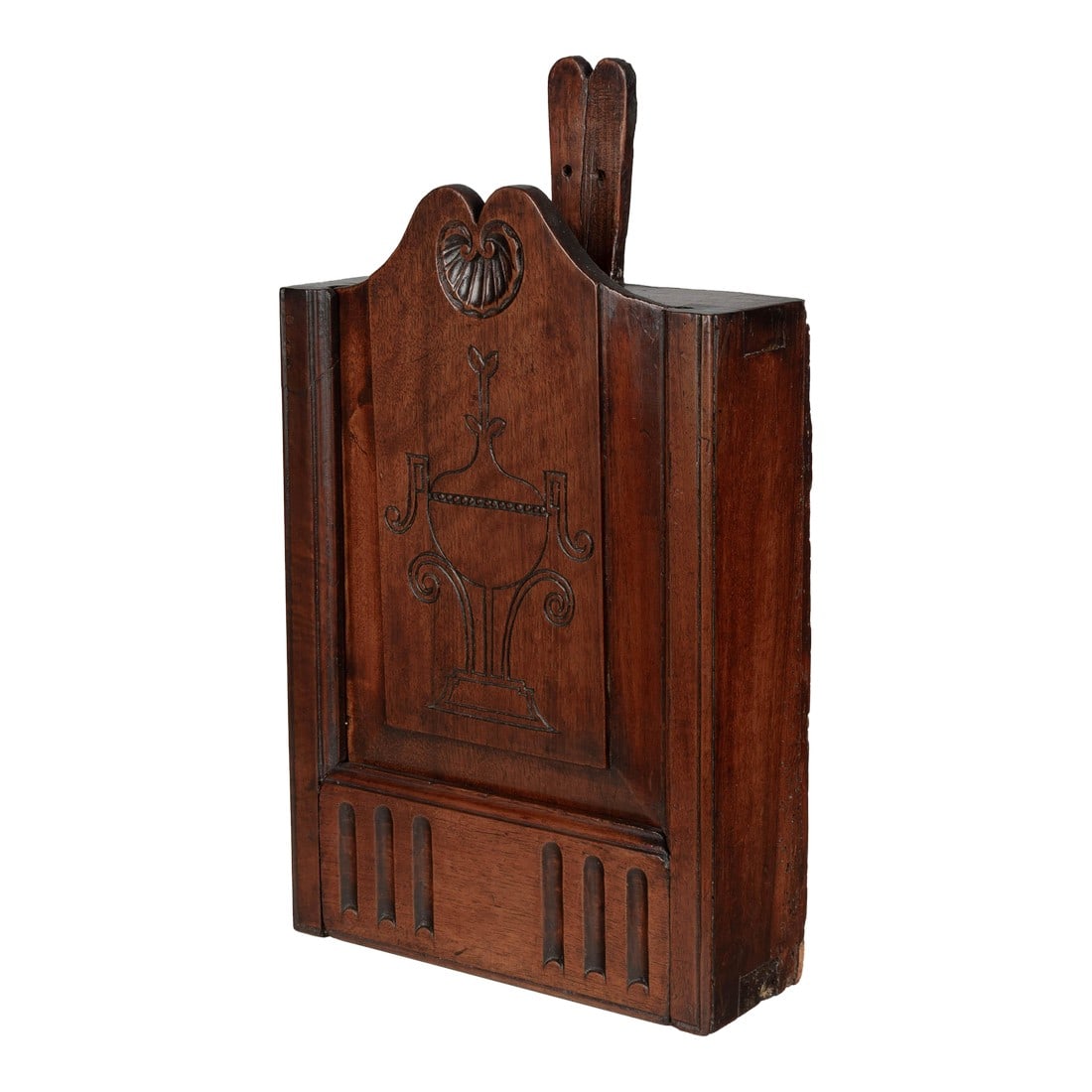 19th Century French Provencal Decorative Box or Fariniere: An early 19th century French fariniere, made of walnut with nicely detailed hand-carved shell and incised urn. Good craftsmanship with dovetailed construction. Waxed patina. From Provence, a