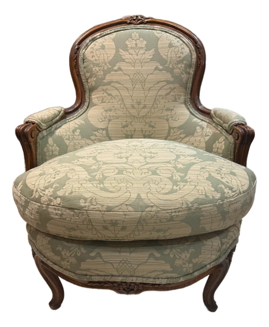 Late 19th Century French Walnut Bergère in Green Cotton Damask: Antique French Walnut Arm Chair, newly upholstered in Green Cotton Damask, Petite in size it is a wonderful accent chair. French late 19th century Condition: Alterations: Original Design Modified Impe