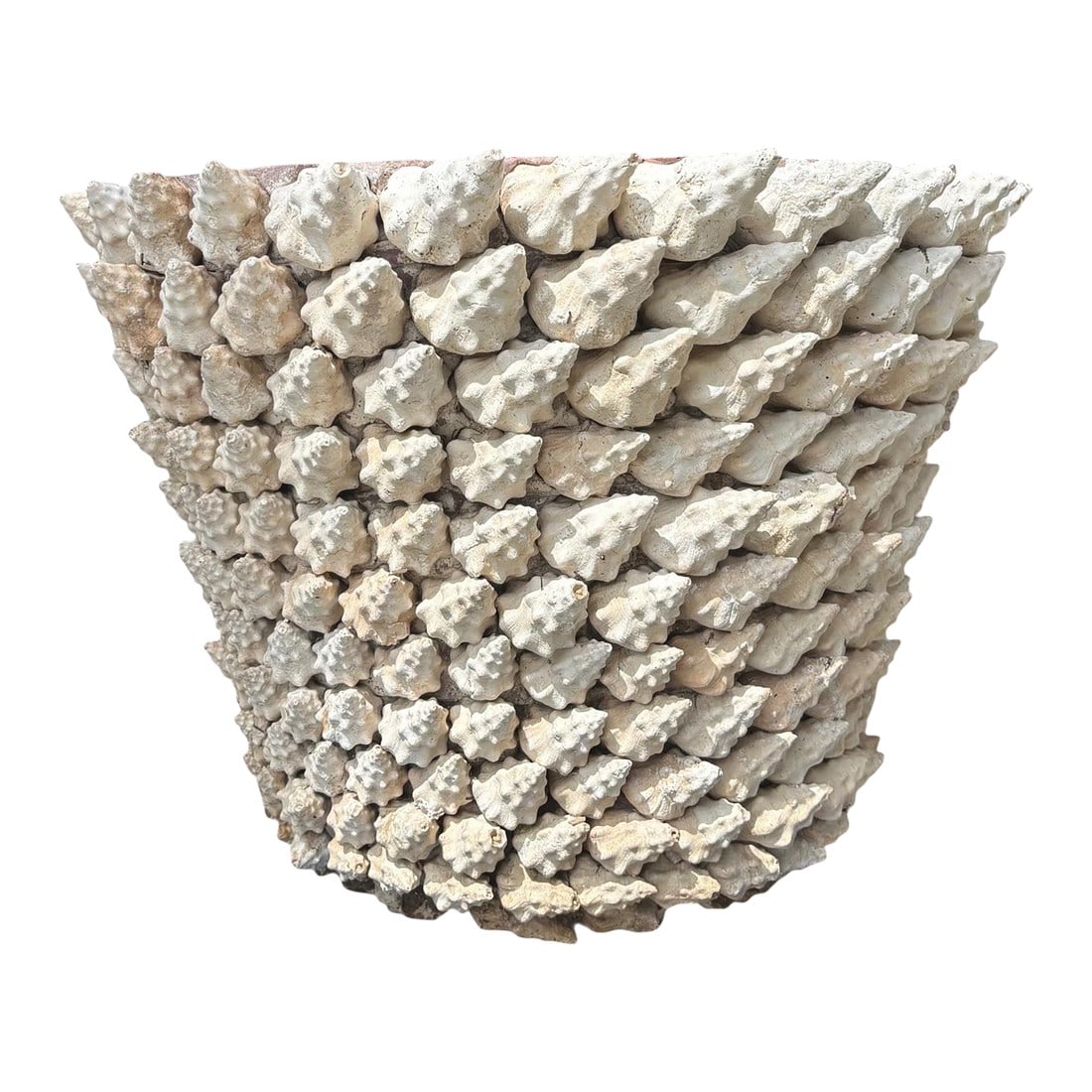 Monumental Italian Coquillage Shell-Encrusted Terracotta Planter, Mid-20th Century: Rarely found at this scale, a substantial Italian terracotta "grotto" planter fully encrusted in the coquillage tradition, with densely layered gastropod shells applied in overlapping diagonal