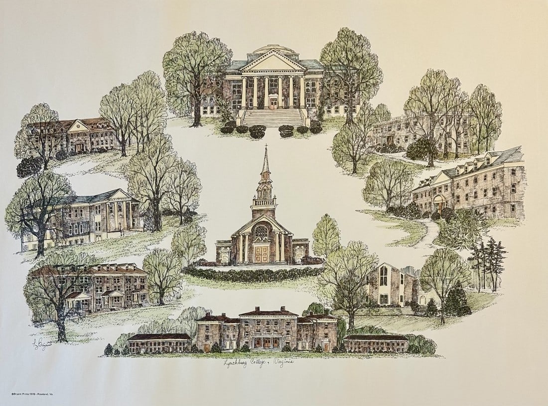 1970s Lynchburg College Virginia Campus Print by Liz Bryant – Hand-Colored Architectural: A charming late 20th-century hand-colored architectural print by artist Liz Bryant, depicting a collection of notable campus buildings at Lynchburg College, Virginia (now the University of