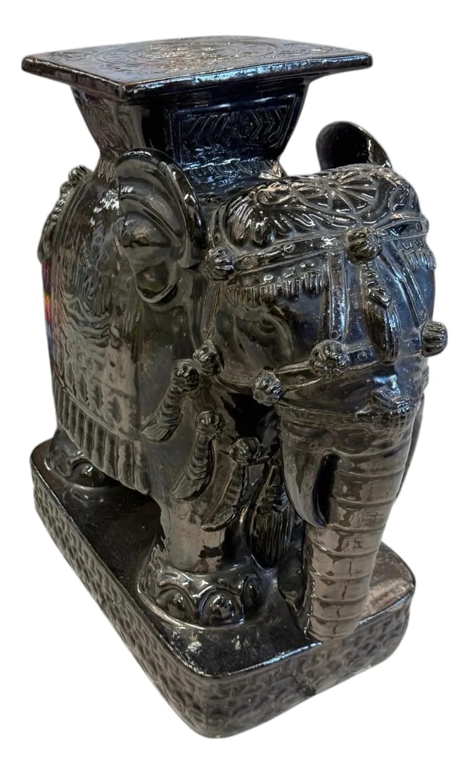 Vintage Black Glazed Ceramic Elephant Garden Stool (1 of 8)