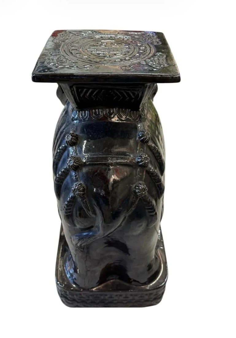 Vintage Black Glazed Ceramic Elephant Garden Stool - 2