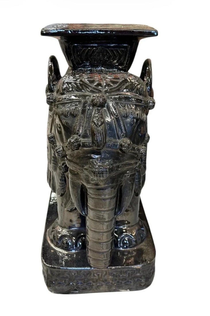 Vintage Black Glazed Ceramic Elephant Garden Stool - 3