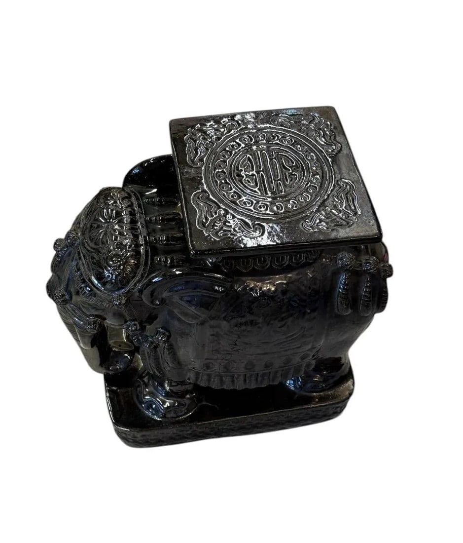 Vintage Black Glazed Ceramic Elephant Garden Stool - 4