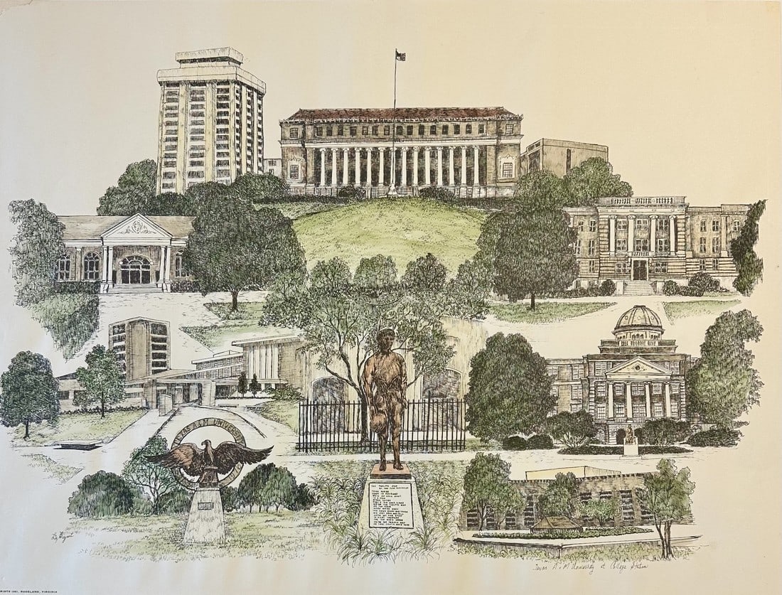 1980s Texas a & M University Campus Print by Liz Bryant – Hand-Colored Architectural: A charming late 20th-century hand-colored architectural print by artist Liz Bryant, depicting a collection of notable campus buildings at Texas A & M University. Rendered in a delicate pen-and-ink