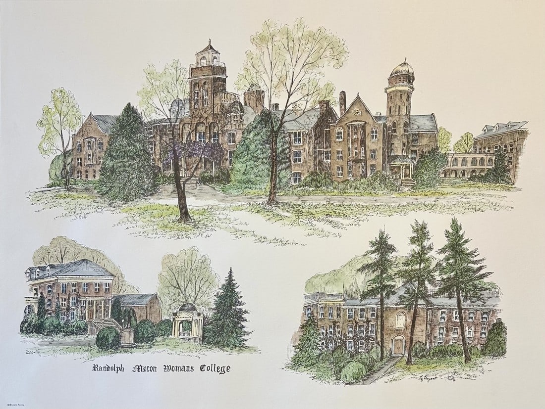 1980s Randolph-Macon College Virginia Campus Print by Liz Bryant – Hand-Colored Architectural: A charming late 20th-century hand-colored architectural print by artist Liz Bryant, depicting a collection of notable campus buildings at Randolph-Macon College (Ashland, Virginia). Rendered in a