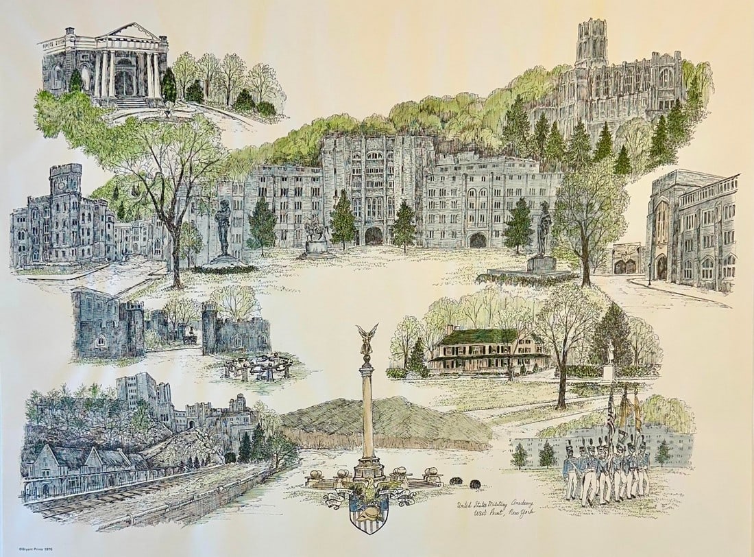1980s U.S. Military Academy West Point Campus Print by Liz Bryant – Hand-Colored Architectural: A charming late 20th-century hand-colored architectural print by artist Liz Bryant, depicting a collection of notable campus buildings at U.S. Military Academy West Point, New York. Rendered in a