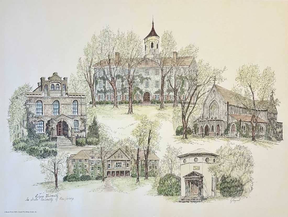1980s Rutgers University Campus Print by Liz Bryant – Hand-Colored Architectural Illustration,: A charming late 20th-century hand-colored architectural print by artist Liz Bryant, depicting a collection of notable campus buildings at Rutgers University (New Brunswick, New Jersey). Rendered in a