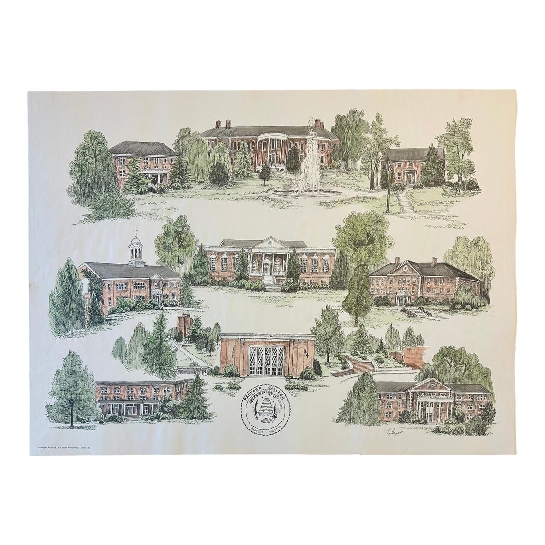 1980s Radford University Virginia Campus Print by Liz Bryant – Hand-Colored Architectural: A charming late 20th-century hand-colored architectural print by artist Liz Bryant, depicting a collection of notable campus buildings at Radford University, Virginia. Rendered in a delicate
