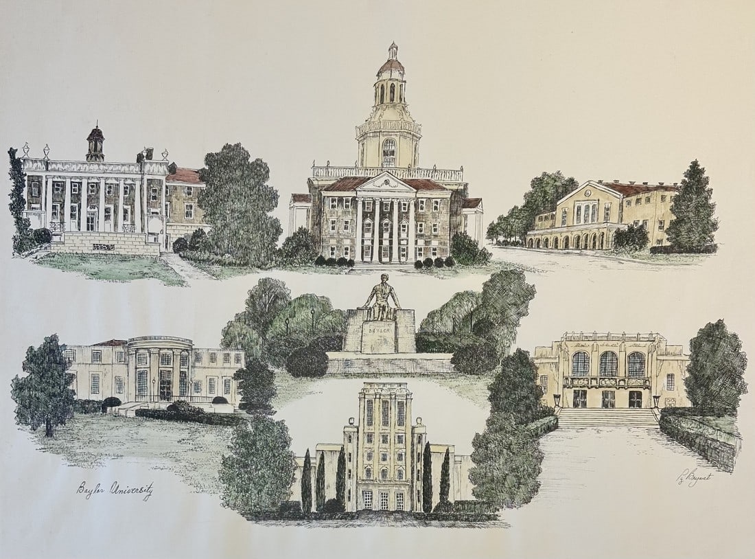 1980s Baylor University (Texas) Campus Print by Liz Bryant – Hand-Colored Architectural: A charming late 20th-century hand-colored architectural print by artist Liz Bryant, depicting a collection of notable campus buildings at Baylor University (Waco, Texas). Rendered in a delicate