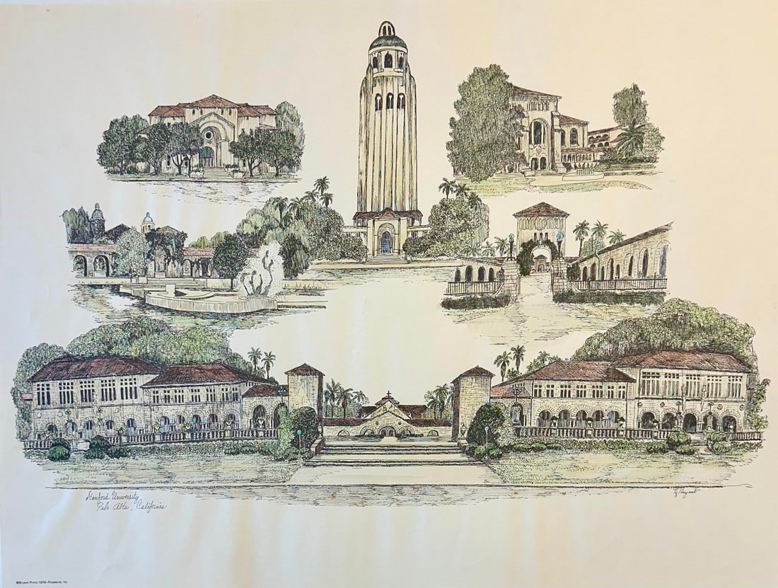 1980s Stanford University Palo Alto, California Campus Print by Liz Bryant – Hand-Colored: A charming late 20th-century hand-colored architectural print by artist Liz Bryant, depicting a collection of notable campus buildings at Stanford University, Palo Alto, California. Rendered in a