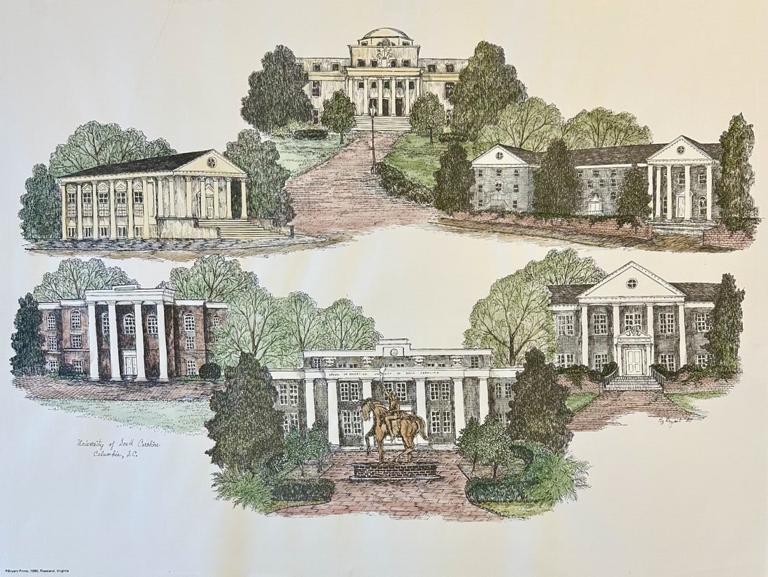 1980s University of South Carolina Campus Print by Liz Bryant – Hand-Colored Architectural: A charming late 20th-century hand-colored architectural print by artist Liz Bryant, depicting a collection of notable campus buildings at the University of South Carolina. Rendered in a delicate