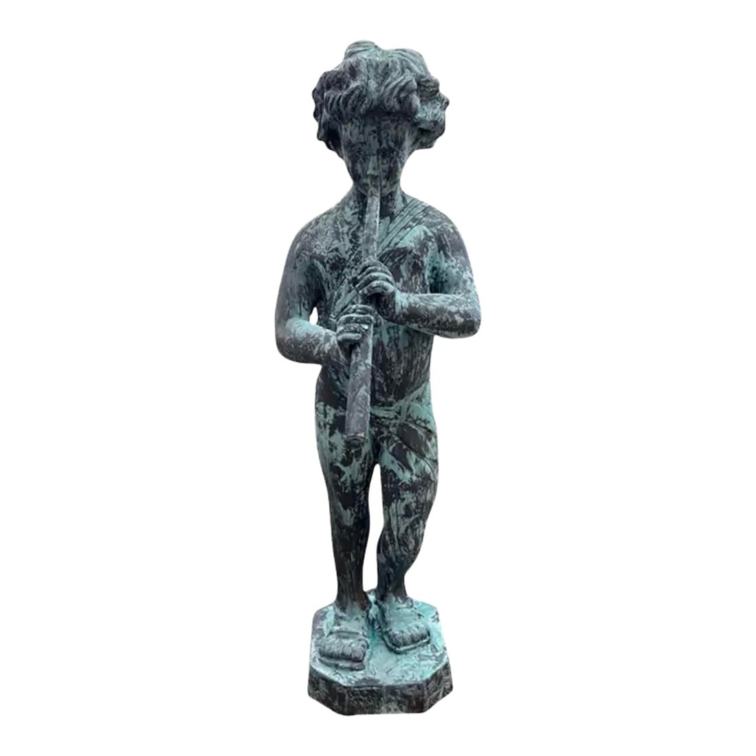 Vintage-Style Bronze Boy Playing Flute Fountain With Verdigris Patina: Add a touch of pastoral charm and musical tranquility to your garden or interior space with this captivating Piping Boy Fountain. Crafted in the style of classical garden statuary, this piece depicts 