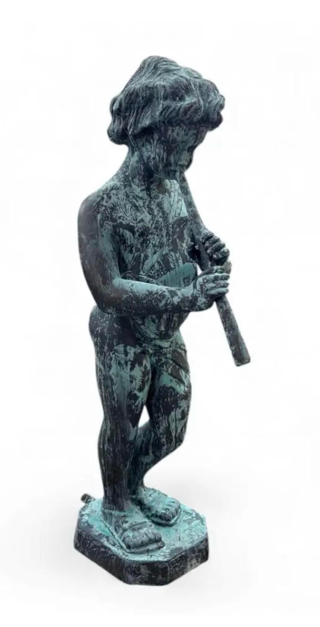 Vintage-Style Bronze Boy Playing Flute Fountain With Verdigris Patina - 2